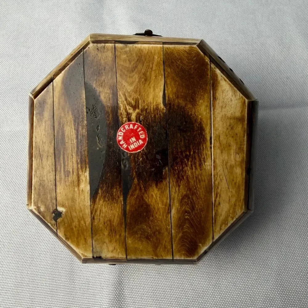 Vintage Camel Bone & Brass Trinket Box Octagonal India Green Cabochon